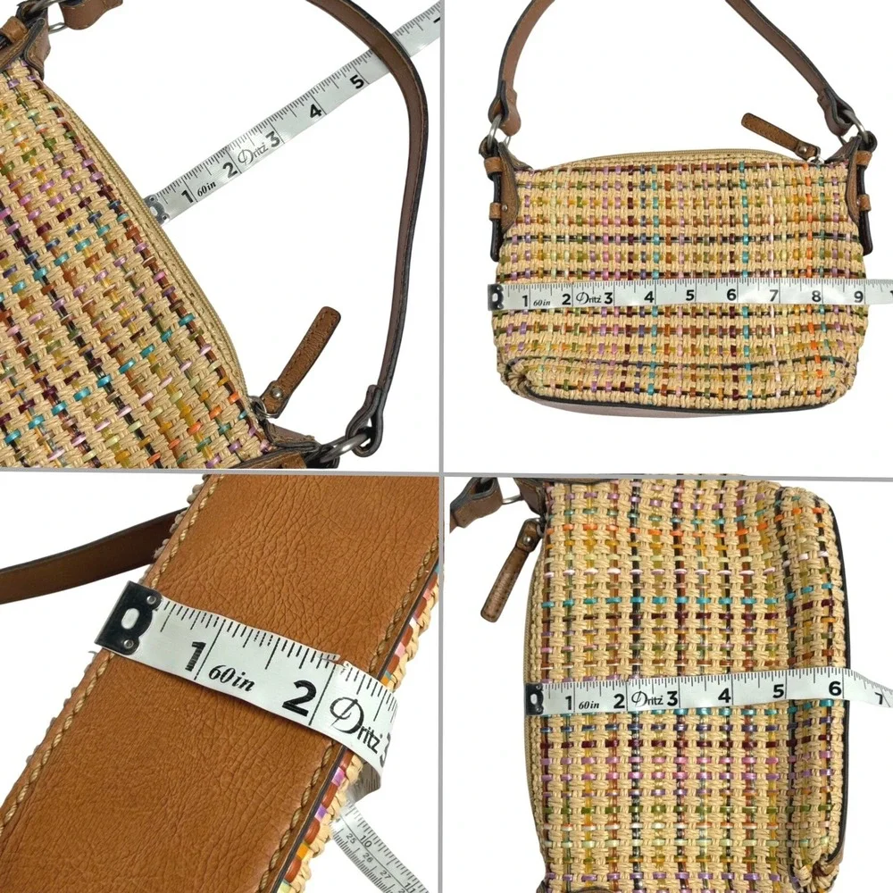 Y2K Fossil Mini Shoulder Bag Woven Straw Rainbow Detail Brown Leather Whimsy